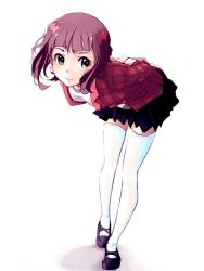 Rule 34 | 1girl, amami haruka, bent over, bow, brown hair, green eyes, hair bow, hair ornament, idolmaster, idolmaster (classic), leaning, leaning forward, mistrail, plaid, pleated skirt, short hair, simple background, skirt, smile, solo, thighhighs, white background, white thighhighs