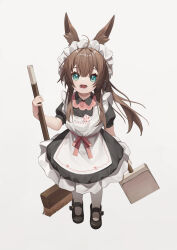 Rule 34 | 1girl, absurdres, aged down, ahoge, alternate costume, amiya (arknights), animal ears, apron, arknights, black dress, black footwear, blue eyes, broom, brown hair, candy, dress, dustpan, food, food in pocket, frills, full body, hair between eyes, highres, holding, holding broom, holding dustpan, long hair, looking at viewer, lower teeth only, maid, maid apron, maid headdress, open mouth, pink ribbon, ponytail, puffy short sleeves, puffy sleeves, rabbit ears, ribbon, shoes, short sleeves, solo, standing, suyi-j, teeth, thighhighs, white apron, white background, white thighhighs