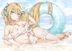 Rule 34 | 1girl, anklet, bad id, bad pixiv id, barefoot, beach, bikini, blonde hair, blue eyes, bow, breasts, cleavage, green bow, hair bow, hair ornament, highres, innertube, jewelry, large breasts, long hair, long toenails, looking at viewer, lying, nail polish, navel, ocean, on side, original, outdoors, parted lips, solo, swim ring, swimsuit, thigh strap, thighs, toenail polish, toenails, toes, water, white bikini, yukineko1018