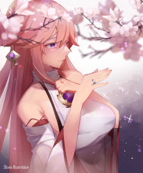 Rule 34 | 1girl, animal ears, artist name, bare shoulders, blouse, branch, breasts, commentary, crying, crying with eyes open, detached sleeves, earrings, electro (genshin impact), fox ears, genshin impact, hair between eyes, hair ornament, hand on own chest, hands up, highres, japanese clothes, jewelry, kimono, large breasts, long hair, looking at hand, miko, pink hair, purple eyes, ring, shirt, slovia, solo, tears, upper body, vision (genshin impact), white kimono, white shirt, wide sleeves, yae miko