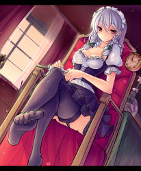 Rule 34 | 1girl, black thighhighs, blush, braid, breasts, chair, cleavage, clock, collarbone, corset, crossed legs, feet, female focus, garter straps, highres, holding, izayoi sakuya, knife, legs, letterboxed, light brown hair, long hair, looking at viewer, maid, maid headdress, red eyes, silver hair, sitting, smile, solo, thighhighs, touhou, twin braids, walzrj, window