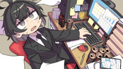 Rule 34 | 1girl, @ @, ahoge, black hair, black jacket, black necktie, black pants, can, canned coffee, cellphone, chair, collared shirt, computer, cup, desk, drink can, fang, giving up the ghost, grey eyes, highres, jacket, long sleeves, mizuno (okn66), monitor, mouse (computer), mug, multicolored hair, necktie, open mouth, original, pants, paper, pen, phone, shirt, short hair, smartphone, solo, sticker, sticky note, sweat, white shirt