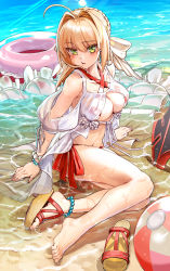 Rule 34 | 1girl, :t, ahoge, anklet, arm support, bad id, bad pixiv id, ball, barefoot, beach, beachball, bead bracelet, beads, bikini, blonde hair, blush, bracelet, braid, breasts, cleavage, closed mouth, collarbone, commentary request, criss-cross halter, day, earrings, fate/grand order, fate (series), feet, french braid, green eyes, hair intakes, hair ribbon, halterneck, high heels, highres, innertube, jewelry, large breasts, long hair, looking at viewer, navel, nero claudius (fate), nero claudius (fate) (all), nero claudius (swimsuit caster) (fate), nero claudius (swimsuit caster) (third ascension) (fate), ocean, outdoors, platform footwear, pout, red bikini, revision, ribbon, sand, sandals, shoes, side-tie bikini bottom, sidelocks, single shoe, sitting, solo, striped bikini, striped clothes, swim ring, swimsuit, toes, water, white ribbon, yewang19, yokozuwari