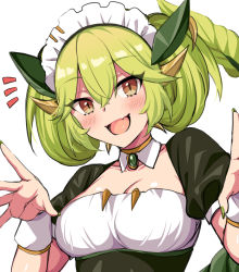 Rule 34 | 1girl, breasts, brown eyes, cleavage, detached collar, dragonmaid (yu-gi-oh!), duel monster, fang, green hair, highres, horosuke, maid, maid headdress, parlor dragonmaid, pointy ears, white background, wrist cuffs, yu-gi-oh!