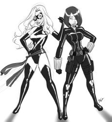 Rule 34 | 2girls, aeolus, avengers (series), bare shoulders, black gloves, black thighhighs, black widow, black widow (marvel), bodysuit, breasts, breasts apart, carol danvers, clenched teeth, cowboy shot, curvy, domino mask, elbow gloves, floating hair, full body, gloves, groin, halterneck, hand on own hip, highleg, highleg leotard, highres, impossible clothes, large breasts, leotard, lightning bolt symbol, lips, long hair, looking at viewer, looking to the side, marvel, mask, monochrome, ms. marvel, ms. marvel (series), multiple girls, revealing clothes, sash, shiny skin, short hair, simple background, standing, superhero costume, teeth, thigh gap, thighhighs, turtleneck, very long hair, white background, wide hips