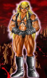 Rule 34 | 1boy, abs, blonde hair, boots, calmdoll, dark skin, extreme muscles, full body, gloves, leather, long hair, male focus, muscular, pectorals, pectorals, rampunch, sky, solo, tagme