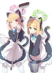 2girls absurdres animal_ear_headphones animal_ears apron aqua_ribbon blonde_hair blue_archive blunt_bangs bow bucket cat_ears cat_tail closed_mouth dress fake_animal_ears feet_out_of_frame frilled_apron frilled_dress frills green_eyes green_halo grey_dress halo headphones highres holding holding_bucket holding_mop kataage_(kataage_okashi_koujou) leaning_forward long_sleeves looking_at_viewer maid maid_headdress midori_(blue_archive) midori_(maid)_(blue_archive) momoi_(blue_archive) momoi_(maid)_(blue_archive) mop multiple_girls neck_ribbon official_alternate_costume one_eye_closed open_mouth outline own_hands_together pantyhose pink_eyes pink_halo ribbon short_hair short_ponytail short_twintails siblings sidelocks simple_background sisters smile tail teeth twins twintails upper_teeth_only v_arms white_apron white_background white_bow white_outline white_pantyhose