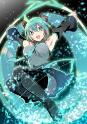 Rule 34 | 1girl, aqua eyes, aqua hair, armpits, arms up, black footwear, black thighhighs, boots, detached sleeves, hatsune miku, long hair, necktie, open mouth, skirt, solo, spring onion, thigh boots, thighhighs, twintails, tyuraba, very long hair, vocaloid