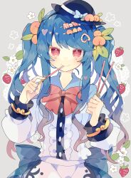 Rule 34 | 1girl, absurdres, black hat, blue hair, blue skirt, bow, bowtie, center frills, closed mouth, food, frills, grey background, hat, highres, hinanawi tenshi, holding, holding food, long hair, long sleeves, looking at viewer, nikorashi-ka, pocky, pocky day, red bow, red bowtie, red eyes, shirt, simple background, skirt, smile, solo, touhou, upper body, white shirt