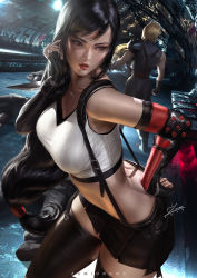 Rule 34 | 1boy, 1girl, 2019, artist name, black gloves, black hair, black skirt, black thighhighs, blonde hair, breasts, cloud strife, dutch angle, final fantasy, final fantasy vii, final fantasy vii remake, fingerless gloves, from behind, gloves, hand on own hip, large breasts, leaning forward, lips, long hair, low-tied long hair, midriff, pleated skirt, red eyes, revision, short hair, signature, skirt, square enix, standing, suspender skirt, suspenders, thighhighs, thighs, tifa lockhart, very long hair, zumi (zumidraws)