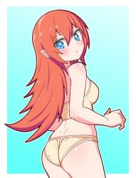 Rule 34 | 1girl, ass, bare shoulders, bikini, blue eyes, blush, breasts, cougar (cougar1404), from behind, long hair, looking at viewer, looking back, orange hair, pointy ears, rune factory, rune factory 3, shiny, shiny hair, shiny skin, sideboob, solo, swimsuit, toona, very long hair