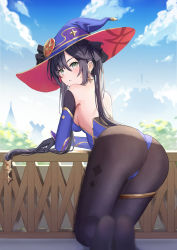 Rule 34 | 1girl, ass, bare shoulders, bent over, black gloves, black pantyhose, blue hat, blue leotard, blue sky, blurry, blurry foreground, blush, cloud, commentary request, day, depth of field, detached sleeves, earrings, from behind, genshin impact, gloves, green eyes, hair ornament, hair ribbon, hat, highres, jewelry, large hat, leotard, long hair, looking at viewer, looking back, mona (genshin impact), nyanko960121, outdoors, pantyhose, parted lips, revision, ribbon, sky, solo, standing, star (symbol), star earrings, thighs, twintails, witch hat