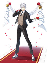 Rule 34 | 1boy, banner, bell, black jacket, black necktie, black pants, black socks, brown vest, closers, collared shirt, falling petals, flower, formal, full body, gloves, grey eyes, grin, hands up, highres, holding, holding flower, holding microphone, j (closers), jacket, legs apart, looking at viewer, male focus, microphone, necktie, official art, outstretched hand, oxfords, pants, petals, red carpet, red flower, red rose, rose, shirt, short hair, smile, socks, solo, standing, suit, tachi-e, v-shaped eyebrows, vest, white background, white footwear, white gloves, white hair, white shirt