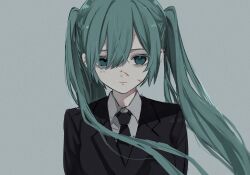 Rule 34 | 1girl, 37 nitrogen, :|, blood, blood on face, blue eyes, blue hair, closed mouth, collared shirt, commentary request, ear piercing, formal, hatsune miku, highres, jacket, long hair, necktie, piercing, shirt, simple background, solo, suit, suit jacket, twintails, very long hair, vocaloid