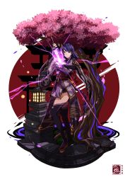 Rule 34 | 1girl, absurdres, braid, breasts, cleavage, closed mouth, commentary, electricity, english commentary, ezraqi, flower, genshin impact, geta, hair ornament, highres, holding, holding sword, holding weapon, human scabbard, japanese clothes, kimono, lantern, long hair, looking at viewer, purple eyes, purple flower, purple hair, raiden shogun, ribbon, sash, simple background, solo, standing, sword, tassel, thighhighs, tree, weapon