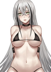 Rule 34 | 1girl, arm strap, arms behind back, bad id, bad pixiv id, bare shoulders, bikini, black bikini, black hair, blush, breasts, breasts apart, collarbone, commentary request, destroyer (girls&#039; frontline), gaia (girls&#039; frontline), girls&#039; frontline, hair between eyes, highres, large breasts, long hair, looking at viewer, micro bikini, mixed-language commentary, multicolored hair, navel, open mouth, pale skin, selcky, silver hair, solo, stomach, straight hair, streaked hair, swimsuit, two-tone hair, underboob, upper body, very long hair, yellow eyes
