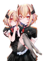 Rule 34 | 2girls, absurdres, ass, azur lane, black shirt, black skirt, blonde hair, blush, breasts, brown eyes, buttons, carrying, closed mouth, collared shirt, commentary request, cowboy shot, cross, crossed bangs, emulume, fingernails, full body, grey legwear, hair between eyes, headgear, highres, if they mated, iron cross, large breasts, long fingernails, looking at viewer, mother and daughter, multicolored hair, multiple girls, neck ribbon, necktie, pantyhose, princess carry, red hair, red neckwear, ribbon, roon (azur lane), shirt, short hair, short sleeves, sidelocks, simple background, skirt, smile, standing, streaked hair, white background, wristband