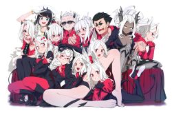 Rule 34 | 1boy, 6+girls, :d, absurdres, animal ears, apron, arm up, azazel (helltaker), bandaid, bare legs, barefoot, beelzebub (helltaker), black-framed eyewear, black hair, black horns, black panties, black suit, black tail, black vest, blue eyes, blush, boots, breasts, cerberus (helltaker), cigarette, closed eyes, closed mouth, clothes writing, commentary, dark-skinned female, dark skin, demon girl, demon tail, dog ears, dog girl, everyone, fang, formal, glasses, gloves, grin, hair between eyes, hair over one eye, halo, heart, heart-shaped pupils, helltaker, helltaker (character), highres, horns, hug, hug from behind, jacket, jewelry, judgement (helltaker), justice (helltaker), long hair, long sleeves, looking at another, looking at viewer, lucifer (helltaker), lying, malina (helltaker), modeus (helltaker), mole, mole under eye, multiple girls, multiple persona, necklace, necktie, on stomach, one eye closed, open mouth, pandemonica (helltaker), panties, pantyhose, ponytail, red eyes, red shirt, shinomu (cinomoon), shirt, short hair, simple background, sitting, smile, sparkle, spread legs, suit, sunglasses, sweatdrop, symbol-shaped pupils, tail, triplets, underwear, vest, waistcoat, white background, white hair, white horns, zdrada (helltaker)