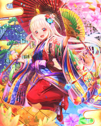 Rule 34 | 1girl, :d, aiuabo, albino, blue flower, blue nails, commentary request, flower, folding fan, hair flower, hair ornament, hakama, hakama skirt, hand fan, headpiece, highres, holding, holding fan, holding umbrella, japanese clothes, kimono, long hair, long sleeves, looking at viewer, multicolored clothes, multicolored kimono, multicolored nails, nail polish, oil-paper umbrella, open mouth, original, pink flower, red eyes, red flower, red footwear, red hakama, red nails, ribbon-trimmed legwear, ribbon trim, shoes, skirt, smile, solo, striped clothes, striped kimono, tassel, umbrella, vertical-striped clothes, vertical-striped kimono, white hair, white legwear, wide sleeves, yellow nails