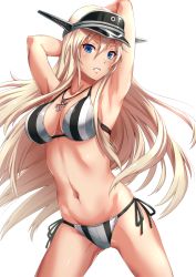 Rule 34 | 10s, 1girl, adapted costume, armpits, arms behind head, bikini, bismarck (kancolle), blonde hair, blue eyes, breasts, cleavage, collarbone, cross, cross necklace, hat, iron cross, jewelry, kantai collection, large breasts, long hair, looking at viewer, military hat, navel, necklace, ocean, parted lips, peaked cap, sakiyamama, side-tie bikini bottom, simple background, solo, striped bikini, striped clothes, swimsuit, white background