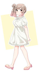Rule 34 | 1girl, absurdres, arms behind back, brown eyes, cevio, commentary, dress, esy, frilled dress, frills, full body, highres, light brown hair, looking to the side, pink footwear, satou sasara, short hair, short sleeves, smile, solo, walking, white dress
