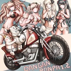 Rule 34 | 10s, 4girls, ;p, alternate hairstyle, backpack, bag, bear, bikini, blonde hair, blue eyes, blue hair, bow, breasts, brown hair, cleavage, danganronpa: trigger happy havoc, danganronpa (series), danganronpa 2: goodbye despair, ear bow, enoshima junko, fingernails, frilled bikini, frills, front-tie top, hair bow, hair ornament, hairclip, hand on own face, hand on own hip, highres, jewelry, large breasts, long fingernails, maizono sayaka, medium breasts, monokuma, monomi (danganronpa), motor vehicle, motorcycle, multiple girls, nanami chiaki, navel, navel piercing, necklace, o-ring, o-ring top, official style, one eye closed, oyume, piercing, pink eyes, rabbit, smile, sonia nevermind, spoilers, striped bikini, striped clothes, swimsuit, tongue, tongue out, twintails, v, vehicle, wink