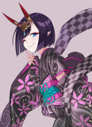 Rule 34 | 1girl, black kimono, bob cut, breasts, coffeekite, eyeliner, fate/grand order, fate (series), floral print, headpiece, highres, horn ornament, horn ring, horns, japanese clothes, kimono, long sleeves, looking at viewer, lostroom outfit (fate), makeup, obi, one eye closed, oni, purple eyes, purple hair, sash, short hair, shuten douji (fate), shuten douji (lostroom outfit) (fate), skin-covered horns, small breasts, smile, solo, v, wide sleeves