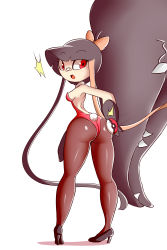 Rule 34 | 1girl, absurdres, ass, bandaid, bandaid on face, bandaid on nose, bare shoulders, black footwear, black hair, blush, bow, breasts, clothed pokemon, creatures (company), detached collar, extra mouth, female focus, from behind, full body, game freak, gen 3 pokemon, hair bow, high heels, highres, leotard, long hair, looking back, looking to the side, lucyfer, mawile, motion lines, multicolored hair, nintendo, no humans, open mouth, pantyhose, personification, pigeon-toed, pink bow, poke ball, poke ball (basic), pokemon, pokemon (creature), rabbit tail, red eyes, red leotard, red pantyhose, sharp teeth, shiny clothes, shoes, simple background, skindentation, small breasts, solo, standing, strapless, strapless leotard, surprised, tail, teeth, twintails, two-tone hair, very long hair, white background