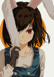 Rule 34 | 1girl, animal ears, black gloves, blush, brown hair, carrot hair ornament, closed mouth, food-themed hair ornament, gloves, grey shirt, hair ornament, highres, looking at viewer, original, overalls, rabbit ears, red eyes, shirt, short hair, smile, solo, two-tone background, upper body, yu yin