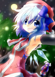 Rule 34 | 2girls, alternate costume, animal ears, armpits, blue eyes, blue hair, blush, bow, breasts, rabbit ears, christmas, cirno, crossed arms, dress, elbow gloves, gloves, hair bow, hat, highres, ice, long hair, moon, multiple girls, night, open mouth, perfect cherry blossom, purple hair, red dress, reisen udongein inaba, santa costume, santa hat, short hair, sideboob, small breasts, smile, snow, sweat, touhou, tree, wings, yurume atsushi