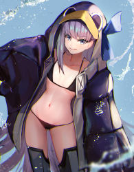 Rule 34 | 1girl, animal hood, armor, bare shoulders, bikini, black bikini, black jacket, blue bow, blue eyes, blush, bow, breasts, closed mouth, collarbone, dolce (dolsuke), fate/grand order, fate (series), greaves, highres, hood, hood up, jacket, licking lips, long hair, long sleeves, looking at viewer, meltryllis, meltryllis (fate), meltryllis (swimsuit lancer) (fate), meltryllis (swimsuit lancer) (first ascension) (fate), navel, open clothes, open jacket, penguin hood, prosthesis, prosthetic leg, purple hair, sleeves past fingers, sleeves past wrists, small breasts, smile, swimsuit, thighs, tongue, tongue out, very long hair, water