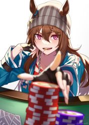 Rule 34 | 1girl, absurdres, akatsuki (kuon), animal ears, beanie, black gloves, blue jacket, blurry, blurry background, brown hair, candy, card, chain, ears through headwear, fingerless gloves, food, food in mouth, gloves, hair between eyes, hat, highres, horse ears, jacket, lollipop, long hair, long sleeves, looking at viewer, nakayama festa (umamusume), open mouth, pink eyes, playing card, poker chip, reaching, reaching towards viewer, simple background, smile, solo, table, teeth, umamusume, v-shaped eyebrows, white background