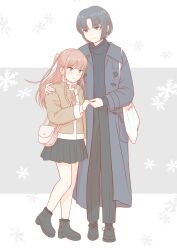 Rule 34 | 2girls, bag, black skirt, blue coat, blush, boots, closed mouth, coat, full body, grey eyes, grey hair, hand on another&#039;s shoulder, handbag, height difference, highres, holding hands, jewelry, light brown hair, long hair, long sleeves, multiple girls, one side up, original, parted lips, pleated skirt, pocket, ring, saone kushima, shoes, short hair, sidelocks, skirt, smile, snowflakes, standing, sweater, turtleneck, turtleneck sweater, white bag, yuri