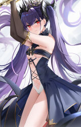 Rule 34 | 1girl, arms up, azur lane, blush, breasts, closed mouth, clothing cutout, crown, dress, elbow gloves, felix schultz (azur lane), gloves, highres, horns, long hair, looking at viewer, navel, purple hair, qing wu, red eyes, showgirl skirt, sleeveless, sleeveless dress, small breasts, solo, stomach cutout, thorns, twintails, very long hair