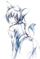 Rule 34 | 1girl, animal ears, ass, detached sleeves, fang, female focus, hat, inubashiri momiji, leaning forward, looking back, monochrome, repair, simple background, sketch, smile, solo, tail, touhou, traditional media, wolf ears