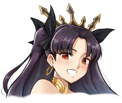 Rule 34 | 1girl, bare shoulders, black hair, blush, earrings, fate/grand order, fate (series), grin, hoop earrings, ishtar (fate), jewelry, long hair, looking at viewer, mr.thunderigor, red eyes, simple background, smile, solo, two side up, white background