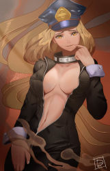 Rule 34 | 10s, 1girl, black bodysuit, blonde hair, bodysuit, boku no hero academia, breasts, cleavage, collar, collarbone, facing viewer, finger to mouth, hat, highres, large breasts, lips, long hair, looking at viewer, navel, no bra, parted lips, peaked cap, skin tight, smile, solo, standing, unzipped, utsushimi kemii, yellow eyes, ymslwn