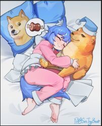 Rule 34 | animal ear fluff, barefoot, bed sheet, between legs, black border, blue hair, blue tail, blush, border, cheemsburger (doge), closed eyes, closed mouth, commentary, doge, english commentary, eyelashes, feet, from above, full body, grey background, lying, medium hair, hugging object, on side, original, pajamas, pants, pillow, pink pants, pink shirt, shirt, sidelocks, sin (sintrybest), sleeping, smile, soles, stuffed animal, stuffed toy, tail, tail between legs, thought bubble, toes, twitter username