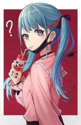 Rule 34 | 1girl, ?, bandaid, bandaid on neck, bendy straw, bib (bibboss39), black bow, black nails, blue hair, blush, bow, brown eyes, collared shirt, commentary request, drinking straw, facial mark, frilled shirt collar, frills, from side, grey background, hair bow, hair ornament, hand up, hatsune miku, heart, heart hair ornament, highres, holding, jewelry, long hair, long sleeves, looking at viewer, looking to the side, mask, mask pull, mouth mask, nail polish, pink shirt, puffy long sleeves, puffy sleeves, red background, ring, shirt, solo, twintails, two-tone background, upper body, vampire (vocaloid), very long hair, vocaloid
