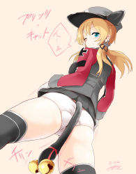 Rule 34 | 10s, 1girl, anchor hair ornament, animal ears, ass, black skirt, black thighhighs, blonde hair, blue eyes, blush, cat ears, cat tail, character name, clothes lift, cross, from behind, from below, gloves, hair ornament, hair ribbon, hat, heart, highres, iron cross, kantai collection, kemonomimi mode, long hair, long sleeves, looking back, microskirt, military, military uniform, mizuyan, one eye closed, over-kneehighs, panties, peaked cap, pleated skirt, prinz eugen (kancolle), ribbon, skirt, skirt lift, solo, tail, tail wagging, thighhighs, twintails, underwear, uniform, white gloves, white panties