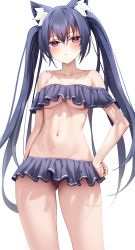 Rule 34 | 1girl, animal ear fluff, animal ears, bare shoulders, bikini, black bikini, black hair, blue archive, blush, breasts, cat ears, collarbone, frilled bikini, frills, highres, long hair, looking at viewer, medium breasts, navel, off-shoulder bikini, off shoulder, official alternate costume, rable, red eyes, serika (blue archive), serika (swimsuit) (blue archive), solo, swimsuit, thighs, twintails, underboob, very long hair