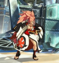 Rule 34 | 1girl, alcohol, amputee, animated, animated gif, baiken, breasts, cleavage, eyepatch, female focus, full body, guilty gear, guilty gear xrd, large breasts, long hair, lowres, official art, pink hair, ponytail, sake, sandals, solo, sword, tattoo, toeless footwear, toes, very long hair, weapon
