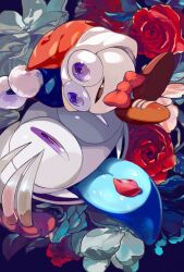 Rule 34 | absurdres, blue tongue, bow, bowtie, brown footwear, claws, colored tongue, dual persona, fangs, flower, hat, highres, higuchi megumi, jester cap, kirby (series), kirby super star ultra, marx (kirby), marx soul, nintendo, no humans, pom pom (clothes), purple eyes, red flower, red rose, rose, slit pupils, smile, tongue, tongue out