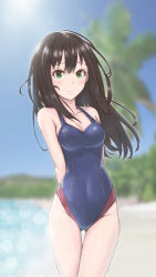 Rule 34 | 10s, 1girl, arms behind back, black hair, blue one-piece swimsuit, breasts, cleavage, day, green eyes, idolmaster, idolmaster cinderella girls, long hair, looking at viewer, maru (maru1625), one-piece swimsuit, outdoors, shibuya rin, smile, solo, swimsuit