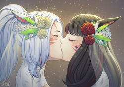 Rule 34 | 2girls, andonoz, animal ears, warrior of light (ff14), black hair, blurry, blurry background, blush, bridal veil, bride, cat ears, cat tail, close-up, closed eyes, commission, dress, facial mark, final fantasy, final fantasy xiv, flower, gradient background, hair flower, hair ornament, kiss, long hair, miqo&#039;te, multicolored hair, multiple girls, ponytail, profile, see-through, signature, streaked hair, tail, two-tone hair, veil, wedding, wedding dress, whisker markings, white hair, wife and wife, yuri