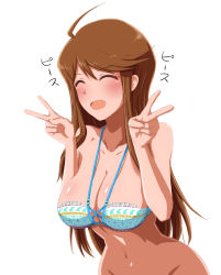 Rule 34 | 1girl, ahoge, bikini, blush, breasts, brown hair, cleavage, closed mouth, cowboy shot, double v, highres, idolmaster, idolmaster million live!, kakiken, large breasts, long hair, navel, sagging breasts, simple background, smile, solo, swept bangs, swimsuit, tokoro megumi, v, white background