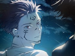 Rule 34 | 2boys, black hair, collared shirt, commentary request, ear piercing, facial tattoo, fushiguro megumi, highres, jujutsu kaisen, kamome (penguin n), light smile, looking at another, male focus, multiple boys, neck tattoo, night, night sky, out of frame, piercing, pink hair, red eyes, ryoumen sukuna (jujutsu kaisen), shirt, shooting star, short hair, sideburns, sky, smile, solo focus, spiked hair, star (sky), starry sky, tattoo, undercut, upper body, yaoi