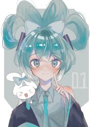 Rule 34 | &gt; &lt;, 1girl, 63k9a, bare shoulders, black sleeves, blue eyes, blue hair, blue necktie, bow, cinnamiku, cinnamoroll, collared shirt, commentary, detached sleeves, grey shirt, hair bow, hand up, hatsune miku, highres, index finger raised, looking at viewer, necktie, pointing, sanrio, shirt, sleeveless, smile, twintails, upper body, vocaloid