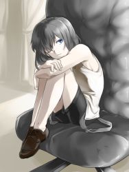 Rule 34 | 00s, 1boy, bad id, bad pixiv id, black hair, blue eyes, chair, child, curtains, fetal position, hugging own legs, male focus, necktie, one eye closed, short hair, shorts, sitting, smile, solo, tohno shiki (2), tsukihime, aged down