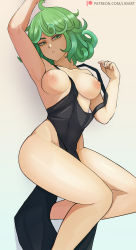 Rule 34 | 1girl, absurdres, arm up, black robe, breasts, clothes, female focus, gradient background, green eyes, green hair, highres, lixiart, looking at viewer, medium breasts, medium hair, nipples, one-punch man, partially undressed, robe, robot, solo, tatsumaki